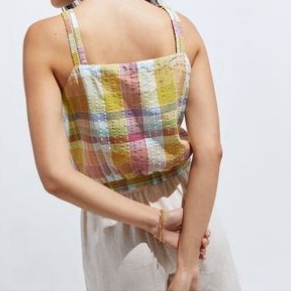 PILCRO Gingham Boho Plaid Button Down Cropped Smock Back Tank Top Blouse - Picture 13 of 14